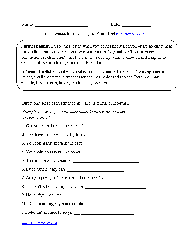 Formal vs. Informal Style ELA-Literacy.W.7.1d Writing Worksheet